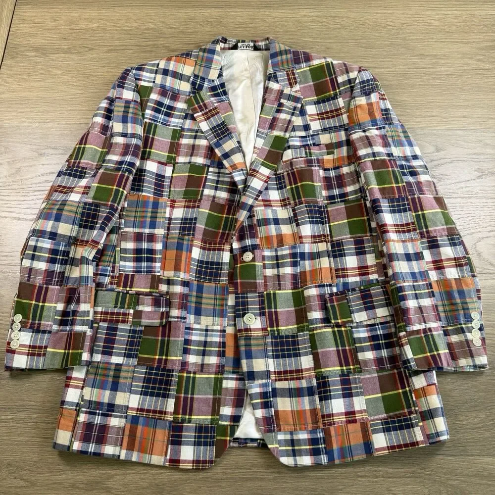 Jos A Bank Coat Men 48R Plaid Patchwork Madras Plaid Two Button Jacket Blazer